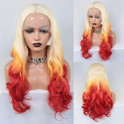DoubleMfashion 613 blonde ombre orange red synthetic lace front wig, long curly heat-resistant style for women.