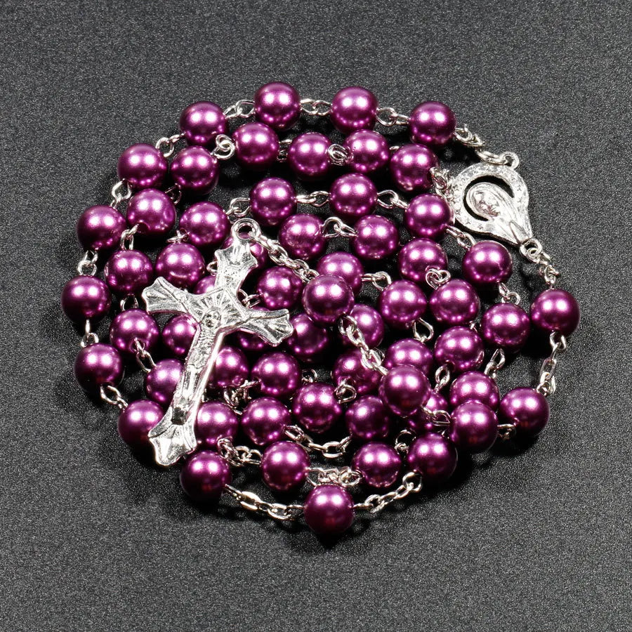 Collier chapelet en fausses perles avec pendentif croix, Vierge Marie et Jésus, longues chaînes de perles pour femmes.