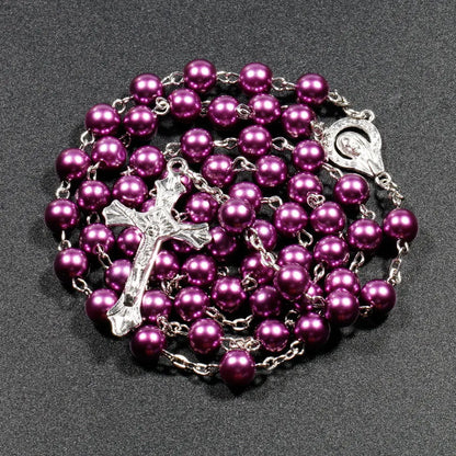 Collier chapelet en fausses perles avec pendentif croix, Vierge Marie et Jésus, longues chaînes de perles pour femmes.