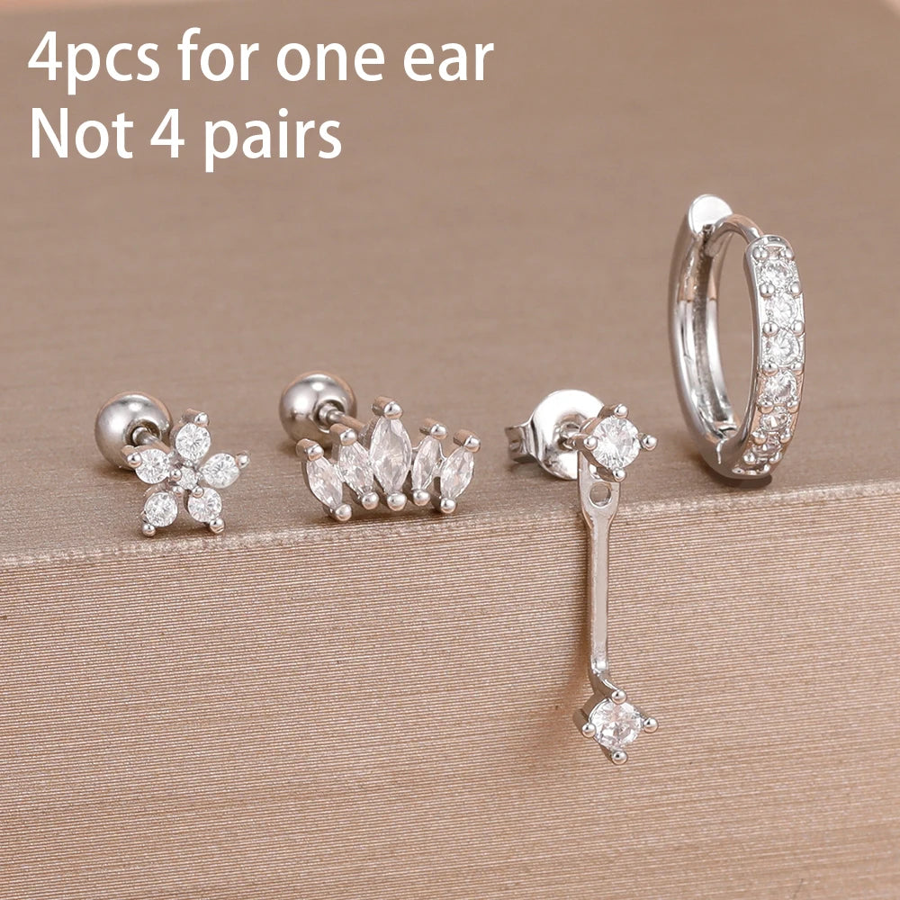 4PCS DoubleMfashion small hoop earrings set featuring zircon star, moon, and flower designs in stainless steel.