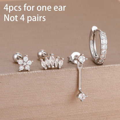 4PCS DoubleMfashion small hoop earrings set featuring zircon star, moon, and flower designs in stainless steel.