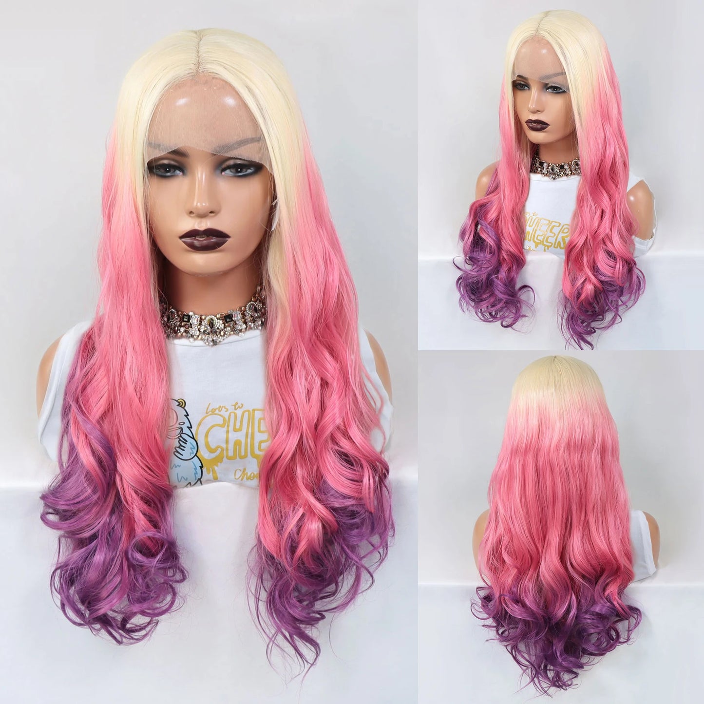 Long curly 613 blonde ombre orange red synthetic lace front wig by DoubleMfashion, showcasing vibrant color and texture.