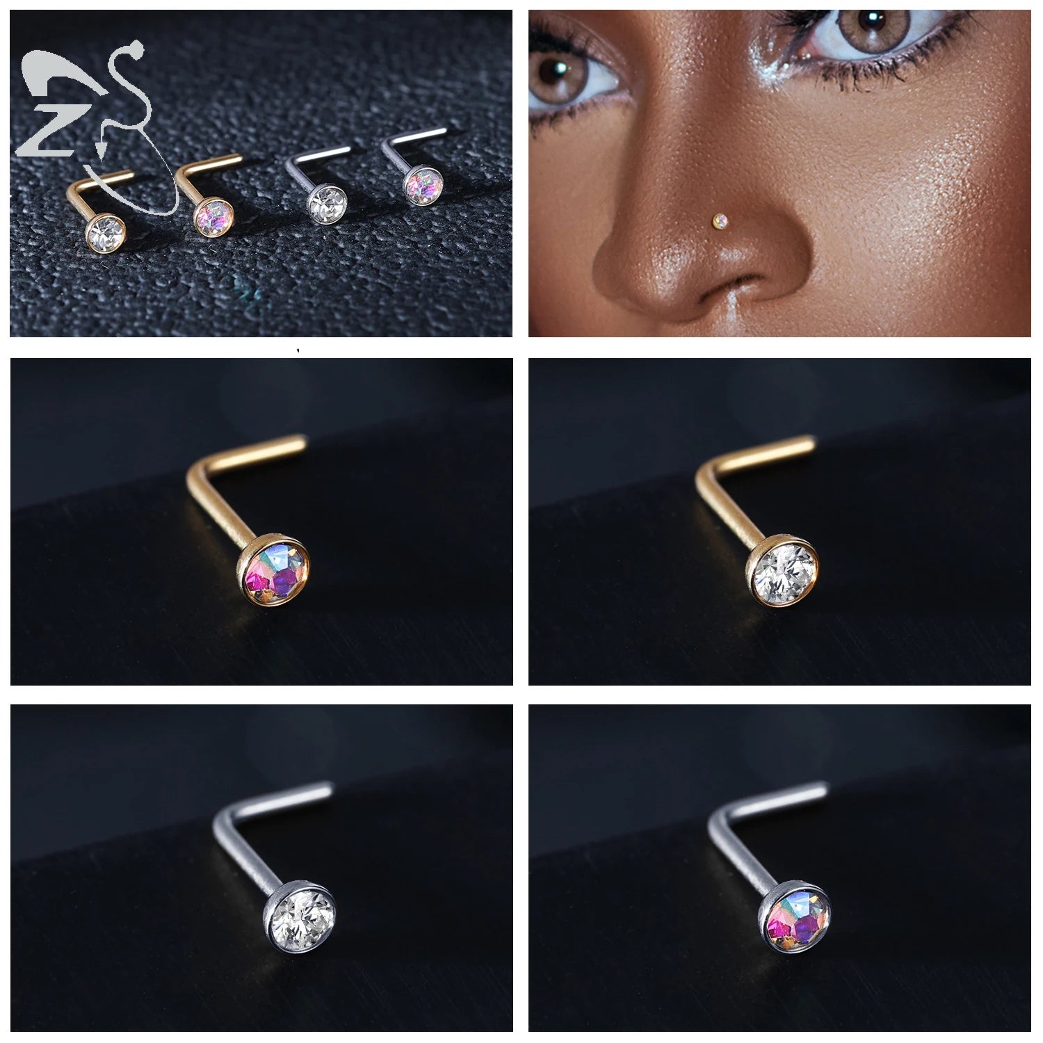 Gold stainless steel nose stud set featuring heart, star, and round crystal designs in L shape, 18g/20g.