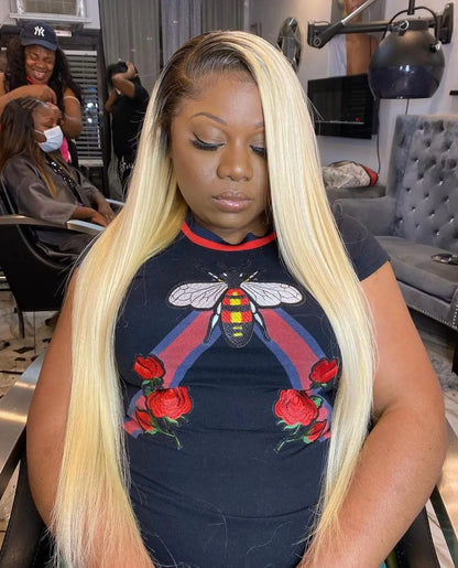 Honey blonde lace front wig with dark roots, straight Remy Brazilian hair, 13x4 design for women by DoubleMfashion.