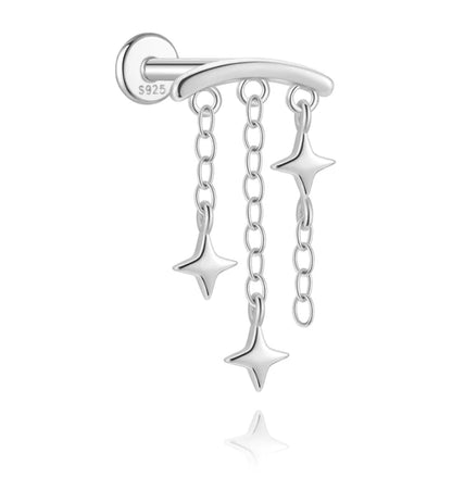 CANNER 925 Sterling Silver eight-pointed star CZ piercing earring with tassel chain, designed for women’s party wear.