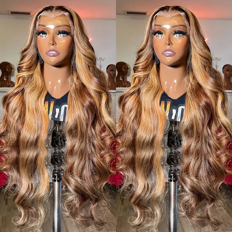 Women's medium large DoubleMfashion wave piano color long curly hair full-head lace wig displayed on a mannequin.