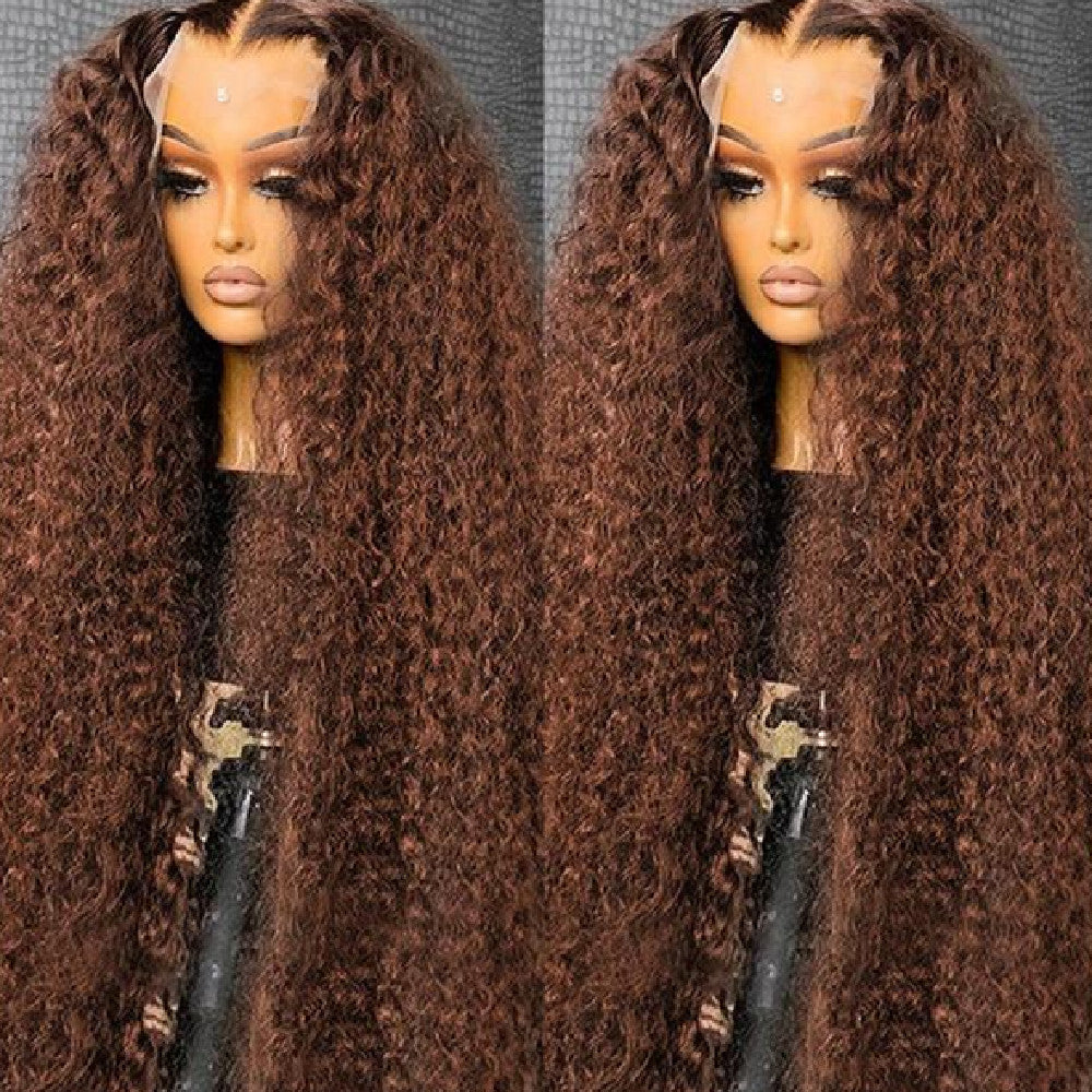 Brown deep curly wig by DoubleMfashion displayed on a mannequin, showcasing rich texture and vibrant color.