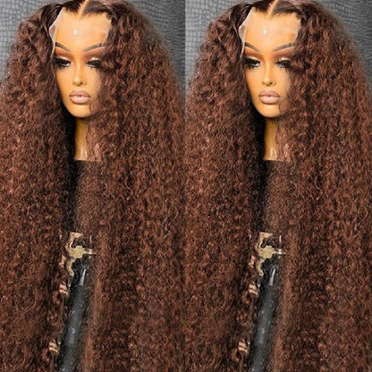 Brown deep curly wig by DoubleMfashion displayed on a mannequin, showcasing rich texture and vibrant color.