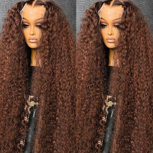 Brown deep curly wig by DoubleMfashion displayed on a mannequin, showcasing rich texture and vibrant color.