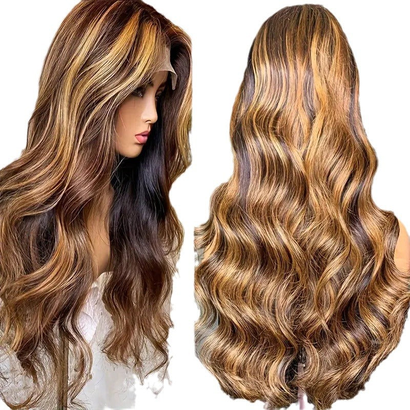 Women's medium large DoubleMfashion long curly wave wig in piano color with front lace design.