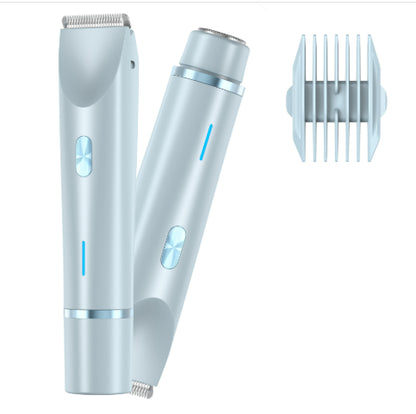 DoubleMfashion 2-in-1 hair remover featuring a double head shaver for wet and dry use on body and pubic hair.